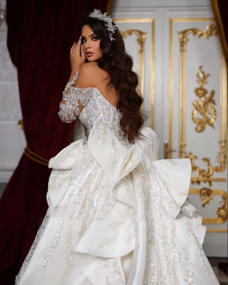 Off The Shoulder Long Sleeve Shiny Beading Crystal Mermaid Wedding Dress