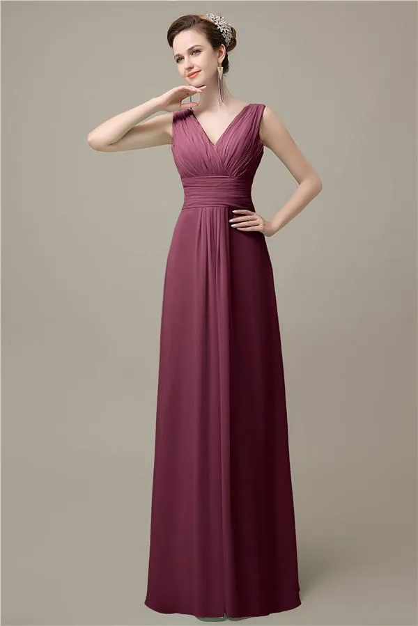 Simple A-line Chiffon V-Neck Floor-Length Long Bridesmaid Dresses