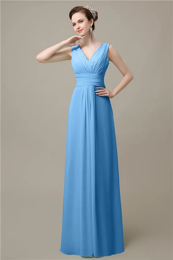 Simple A-line Chiffon V-Neck Floor-Length Long Bridesmaid Dresses