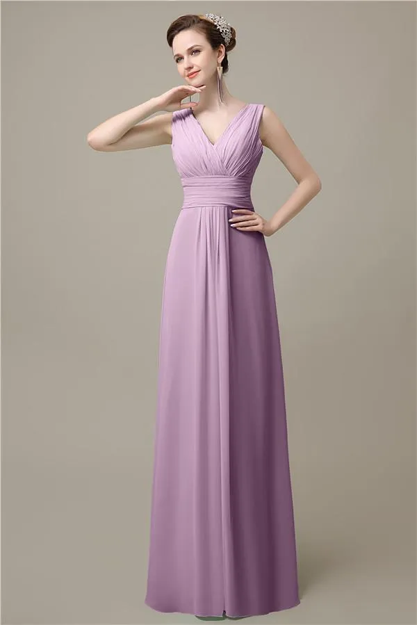 Simple A-line Chiffon V-Neck Floor-Length Long Bridesmaid Dresses